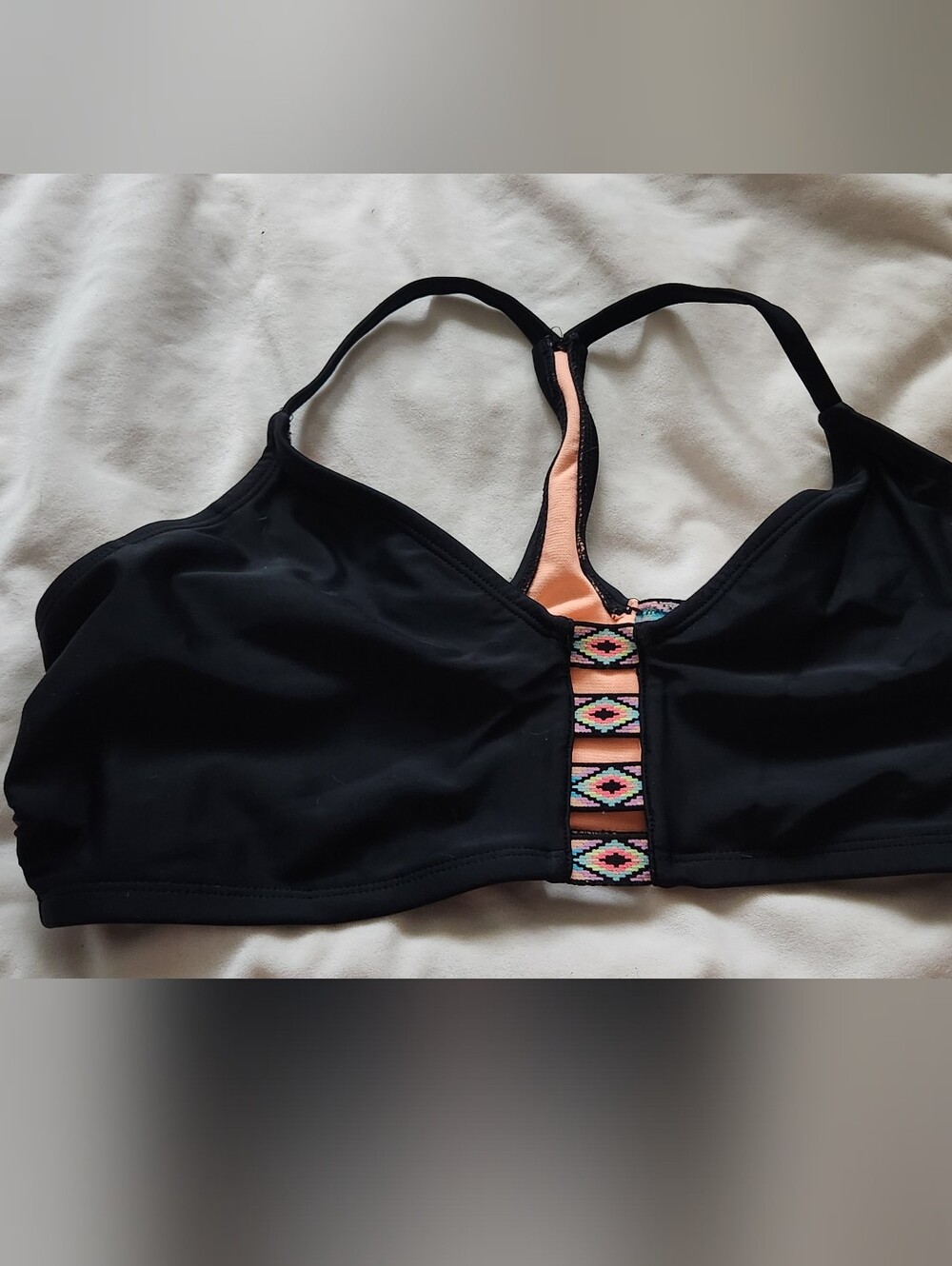 Black Women's Swim Top with Peach and Aztec Accent